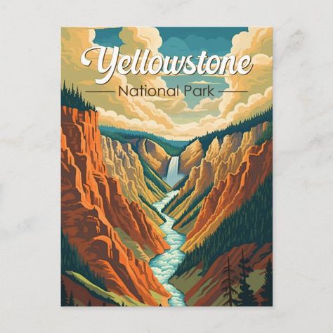 Yellowstone National Park Grand Canyon Retro Art Postcard Vintage Postcards Travel, Old Faithful, Blue Poster, Us National Parks, Landscape Illustration, Vector Artwork, Yellowstone National, Yellowstone National Park, Vintage Travel Posters