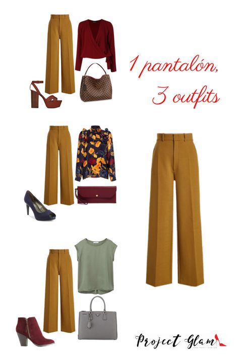 1 pantalón, 3 outfits Mustard Pants Outfit Work, Mustard Outfits For Women, Pantalon Camel Outfits Mujer, Wide Leg Pants Outfit Work, Yellow Pants Outfit, Inverted Triangle Fashion, Camel Outfit, Capsule Wardrobe Casual, Capsule Wardrobe Women