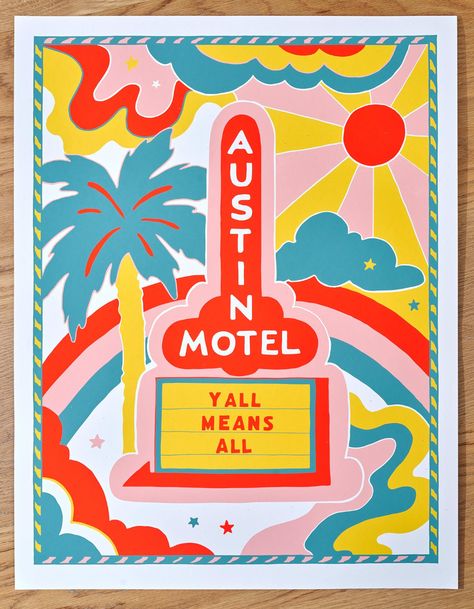 Austin Motel Poster - Hallie Brewer Austin Wall Art, Austin Texas Murals, Motel Sign Illustration, Motel Branding, Austin Illustration, Motel Illustration, Texas Mural, Texas Illustration, Lake Illustration