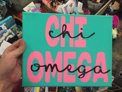 teal and pink and black chi omega handmade canvas Chi Omega Paintings, Diy Sorority Crafts, Delta Gamma Canvas, Sorority Letters Painted, Chi Omega Canvas, Sorority Paintings, Chi Omega Crafts, Little Gifts Sorority, Big Little Canvas