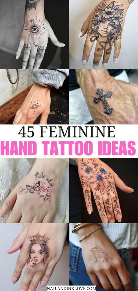 Hand tattoos girl, cute hand designs, small hand tattoos, henna minimal designs, cute and simple henna designs, henna tattoo designs fingers simple, aesthetic hand tattoos, and hand tattoos vines. Family Hand Tattoo For Women, Feminine Hand And Finger Tattoos, Dainty Tattoos On Hand, Lotus On Hand Tattoo, Unique Hand Tattoos Creative, Think Line Tattoo, Celestial Hand Tattoos For Women, Angel Wing Hand Tattoo, Hand Tattoos Vines