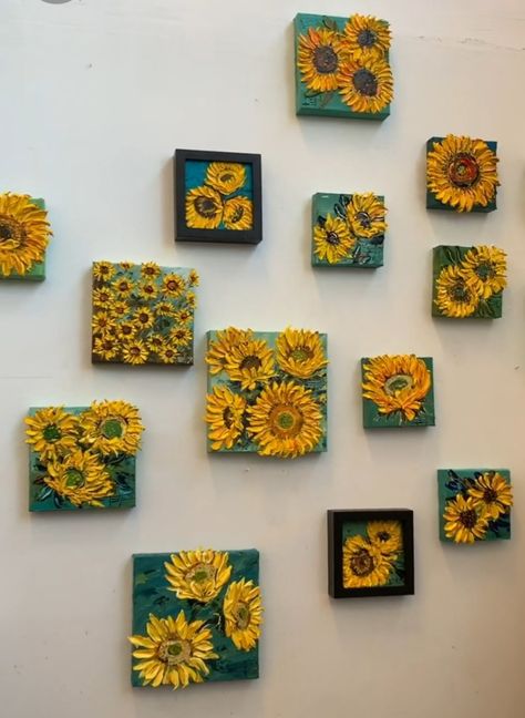 3d Sunflower Painting, Textured Sunflower Art, Square Canvas Art Ideas, Sunflower Painting Acrylic, Arte Van Gogh, Square Painting, Small Canvas Art, Sunflower Painting, Sculpture Painting