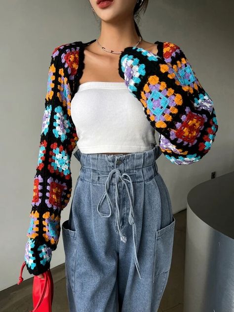 DAZY Geo Crochet Shrug Cardigan | SHEIN USA Crochet Shrug Cardigan, Crochet Fairy, Crochet Clothing And Accessories, Crochet Shrug, Shrug Cardigan, Crochet Fashion Patterns, Photoshoot Outfits, Fashion Lookbook, Fashion Photoshoot