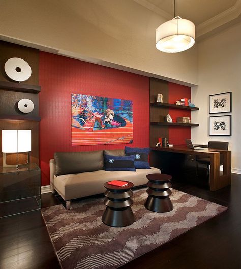 Red accent wall in the contemporary home office. Clean and classy, perfect home office for a musician Basement Home Office, Red Accent Wall, Popular Living Room, Brown Decor, Contemporary Home Office, Red Home Decor, Living Room Photos, Red Wall, Brown Walls