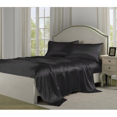 Sage Bedroom, Black Bed Linen, Black Bed, King Bed Sheets, Grey Linen Bedding, Satin Bedding, Satin Sheets, Luxury Bedding Sets, Queen Bedding Sets