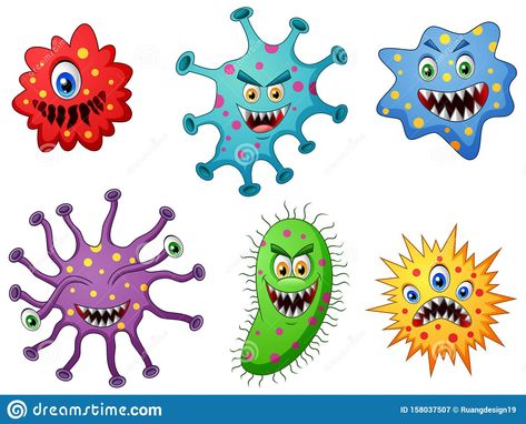 Illustration about Illustration of set of cartoon germ and virus. Illustration of bacteria, demon, icon - 158037507 Germs Cartoon, Germ Illustration, Virus Illustration, Infection Prevention, School Murals, Tumbler Ideas, Vector Portrait, Game Concept, Vector Character