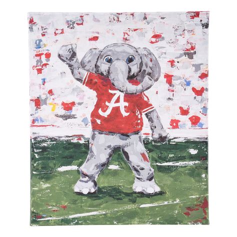 Roll Tide Roll with this University of Alabama wall decor featuring the beloved mascot, "Alabama Big Al". Crimson Tide pride never looked so stylish and unique! With this one-of-a-kind, hand-painted design, you will show off your team proudly! This canvas comes ready to hang making it an easy and effortless addition to your fan gear collection! Original Design Dimensions: 8" x 10" Comes ready to hang. Check out our entire University of Alabama Collection here! Alabama Elephant Painting, University Of Alabama Painting, Alabama Decor Crimson Tide, Alabama Mascot, Alabama Gameday Outfit, Dorm Things, Alabama Decor, Dorm Paintings, Football Paintings