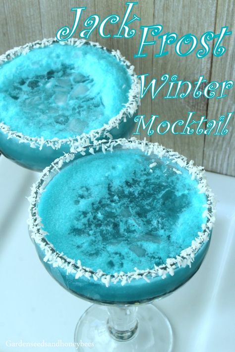 Jack Frost Winter Mocktail - Garden Seeds and Honey Bees Jack Frost Christmas Decorations, Polar Plunge Party Ideas, Blue Mocktails Non Alcoholic, Flannel And Frost Holiday Party, Jack Frost Drink, Winter Mocktail, Winter Mocktails, Sweet 16 Winter Wonderland, Christmas Alcohol