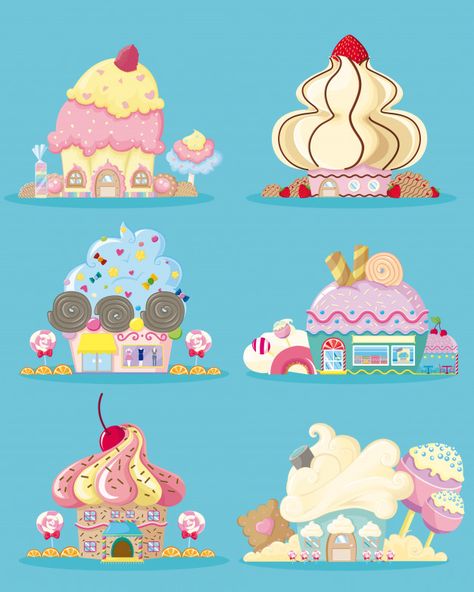 Cupcake House Drawing, Ice Cream House Drawing, Food House Illustration, Cake House Design, Cute House Illustration, Cake Draw, Cupcake House, Bakery House, Birthday Cake Illustration