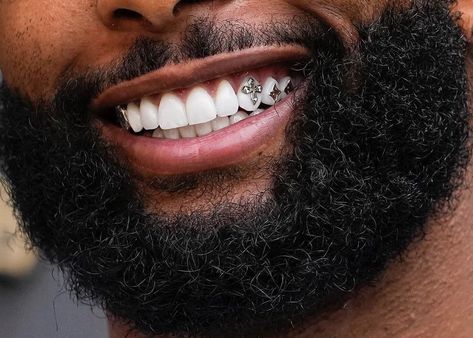 Obj Style, Black Beard Styles, Gold Fangs, Gold Grill, Straight Teeth, Black Men Haircuts, Odell Beckham, Black Beards, Tooth Gem