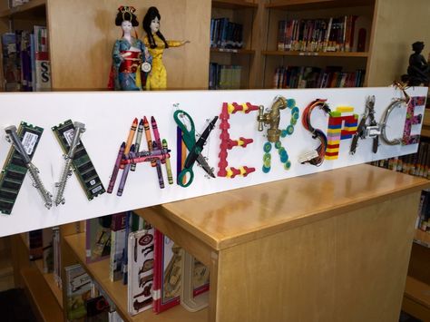 Makerspace sign using all household found materials. Maker Space Ideas, Makerspace Bulletin Board, Classroom Makerspace, School Makerspace, Maker Fun Factory Vbs 2017, Makerspace Design, Makers Space, Maker Fun Factory Vbs, Makerspace Projects