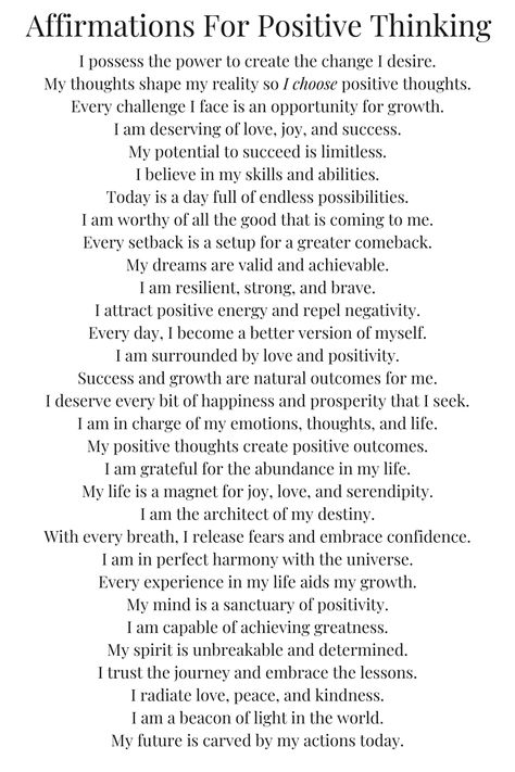 Affirmations for positive thinking are carefully structured statements that, when consistently repeated, can rewire our brain to adopt a more positive and proactive outlook. They act as gentle, yet persistent reminders of our worth, capabilities, and potential. When vocalized, or mentally repeated, these statements can gradually dissolve long, entrenched negative beliefs, replacing them with empowering truths about ourselves and the world around us. #affirmationwallpaper #positiveaffirmations Acting Affirmations, Positive Outlook Quotes, 2024 Mindset, Positive Beliefs, Catastrophic Thinking, Power Thoughts, Negative Beliefs, Motivational Poems, Growth Mindset Quotes