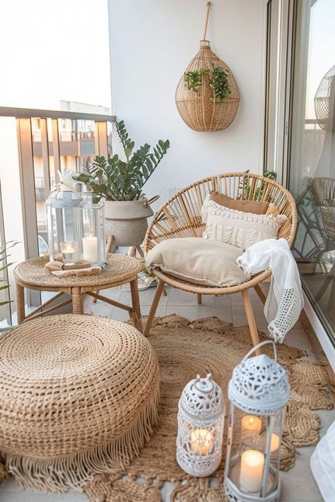 Beach Balcony Aesthetic, Cute Boho Apartment Ideas, Cali Apartment, Sf House, Boho Seating, Boho Balcony, Apartment Balcony Ideas, Boho Apartments, Balcony Chairs