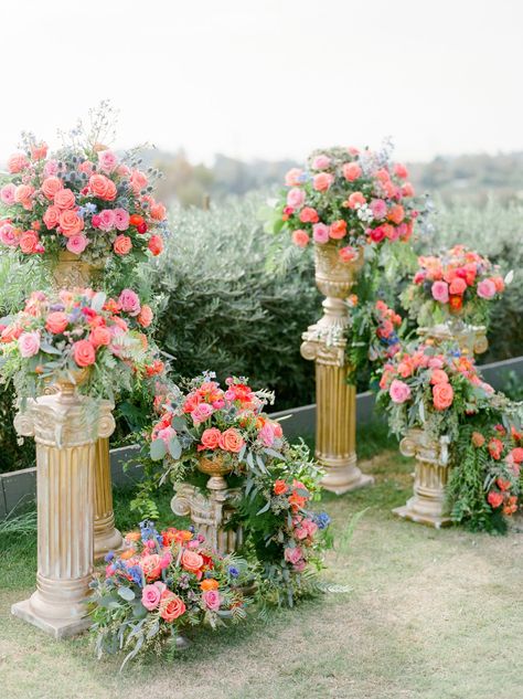 Klentner Ranch wedding in Carpinteria Urns With Flowers, Klentner Ranch, Faux Flowers Arrangements, Wedding Dress Styles Chart, Urn Arrangements, Colored Wedding Gowns, Wedding Ceremony Flowers, Ceremony Flowers, Wedding Flower Arrangements