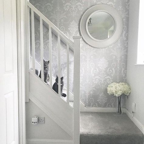 Laura Ashley Josette Wallpaper, Hallway Farmhouse, Laura Ashley Furniture, Wallpaper Hallway, Wallpaper White, Home Board, Childrens Room Decor, Rustic Farmhouse Decor, Dove Grey