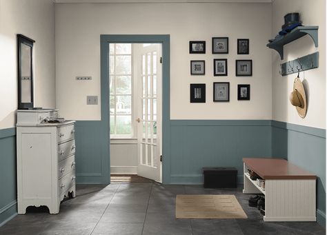 Behr Brooklyn molding Behr Brooklyn Paint Wall Colors, Brooklyn Behr Paint, Behr Norwester, Behr Brooklyn Paint, Behr Brooklyn, Behr Brook Green, Behr Peaceful Blue, Behr Green Meets Blue, Antique White Sherwin Williams