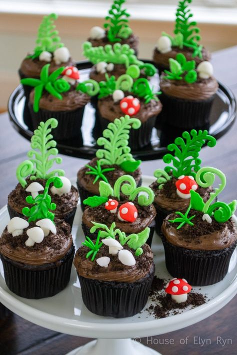 Cupcake Mushroom, Mushroom Cakes, Allotment Cake, Planting Party, Enchanted Theme, Cottagecore Party, Rainbow Fruit Skewers, Mushroom Birthday, Forest Cupcakes