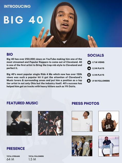 This 1-page electronic press kit template for bands, singers, and musicians is the perfect way to professionally introduce yourself to venues, festivals, press, and promotors ready to land the gig of your dreams! The media kit template for music artists includes an artist's bio, links to your music, photos, a summary of your past performances, and your contact details. You can input all of your own information, including your own photos, in this pre-made electronic press kit template. Press Kit Template, Electronic Press Kit, Press Kits, Culture Media, Media Kit Template, Introduce Yourself, Artist Bio, Press Kit, Media Kit