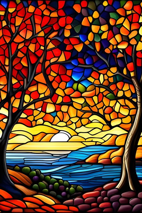 Faux stained glass image of autumn foliage Candle Carving Diy, Tiffany Stained Glass Art, Four Seasons Art, Glass Painting Patterns, Burning Bush, Tiffany Stained Glass, Candle Carving, Autumn Foliage, Tiffany Glass