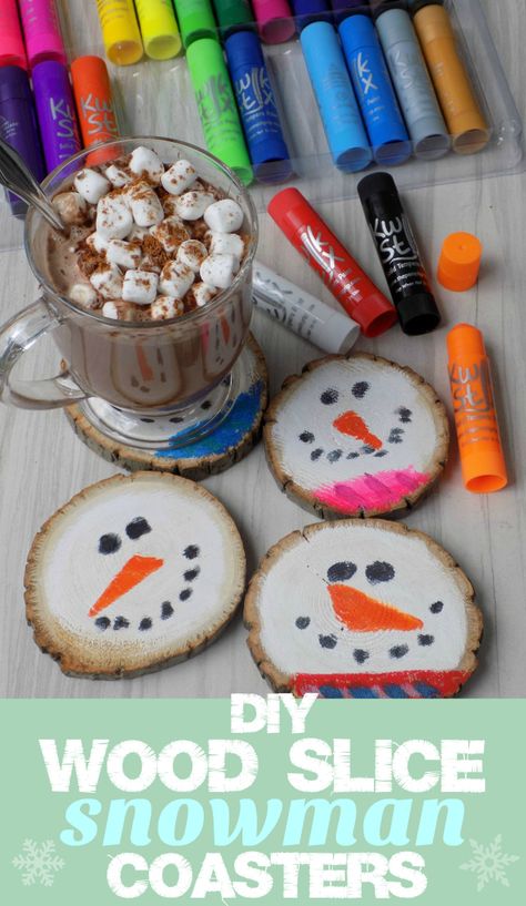 Diy Wood Gifts, Wood Slice Snowman, Snowman Coasters, Class Mom, Scout Crafts, Babysitting Crafts, Diy Food Gifts, Coaster Crafts, Wood Slice Crafts