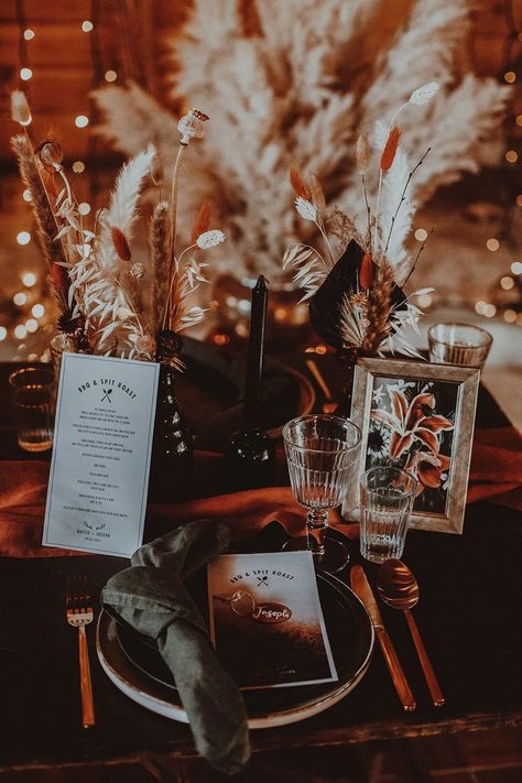 Black And Pampas Wedding, Pampas And Black Wedding, Black Pampas Grass Centerpiece Table Settings, Black Tablecloth Boho Wedding, Dark Boho Wedding, Black Table Linens Wedding Boho, Rustic Wedding Table Setting, Western Centerpieces, Dark Bohemian