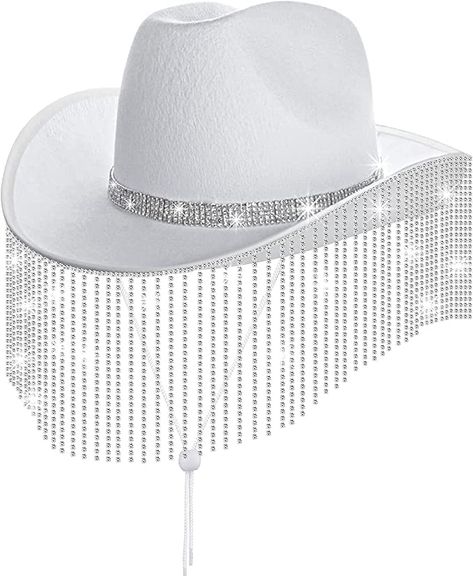 PRICES MAY VARY. 👰 Unique Design and Durable：Rhinestone Cowgirl hat is made of high quality non-woven EVA material,tassel with faux rhinestone design.We thoughtfully pack the rhinestone cowboy hat in a sturdy box, greatly reducing the probability of damage to the hat in transit. 👰🏻 Applicable Occasions：White Cowboy hats are suitable for masquerade,disco party,rodeo,festival party,bride party,white party,etc. 👰🏽 Perfect Party Gift：Make the recipient feel extra special. 👰🏿 One Size Fits All Bachelorette Bride Gifts, Rhinestone Hat, Bachelorette Party Accessories, Beret Fashion, Black Cowgirl, Trendy Bride, Women Bride, Pink Cowgirl, Box Package