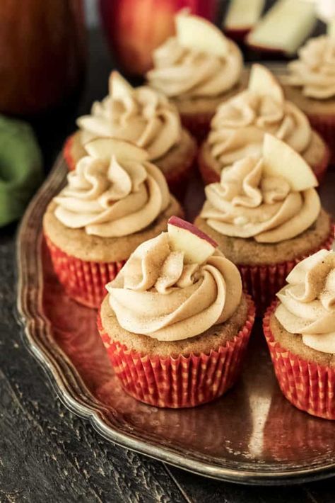 Apple Cider Cupcakes are a fun and easy Fall dessert! This recipe is made a little healthier with less sugar and butter, and applesauce instead. These can also be made with oat flour too! Made with applesauce, a little brown sugar, spices, and your favorite apple cider, these cupcakes are bursting with apple cider flavor. Topped with a Spiced Buttercream Frosting. Easily made gluten-free and dairy-free. Oat Flour Cupcake Recipes, Oat Flour Cupcakes, Gluten Free Pumpkin Cupcakes, Eoe Diet, Apple Cider Cupcakes, Apple Spice Cupcakes, Healthy Frosting, Spiced Buttercream, Mini Pumpkin Cheesecake