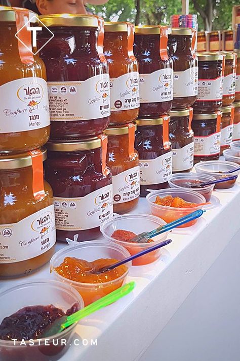 table display shows artisan jam at farmers market in israel Farmers Market Display, Winter Wishlist, Farmer Market, Market Booth, Market Display, Market Displays, Local Farmers Market, Farm Stand, Farmers Markets