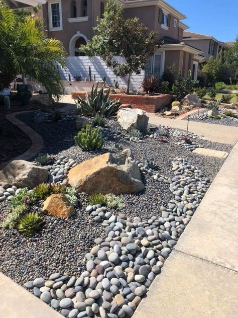 Rock Garden With Succulents Landscaping Ideas, Mixing Rocks In Landscaping, Rock Scapes Landscape Design, Rockscape Landscaping Ideas, Zero Scape Landscaping Front Yards, Rock Designs Landscape, Rock Yard Landscape Ideas, Rock Garden Landscaping Front Yard, Zero Landscape