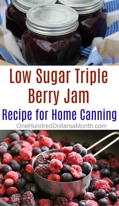 Triple Berry Jam Recipe, Triple Berry Jam, Low Sugar Jam Recipes, Berry Jam Recipe, Mixed Berry Jam, Low Sugar Jam, Sugar Free Jam, Jam Recipes Homemade, Canning Jam