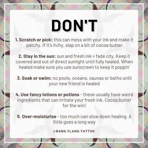 TATTOO AFTERCARE 🫧 I've created my preferred list of yes yes' and no no's on how to take care your brand new tattoo babies. Aftercare is so important in a tattoo's journey and can affect the final healed result so much more than you think. Hope this guide helps and as always, drop me a DM if you have any questions (or healed pics 🫶🏼) . . . . . #tattooaftercare #tattooaftercareproducts #tattoocream #cocoabutter #stokenewington #illustration #illustrationtattoo Tattoo Aftercare Instructions, Brand New Tattoos, Tattoo Cream, Tattoo Care, Tattoo Aftercare, New Tattoo, Baby Tattoos, How To Take, Cocoa Butter