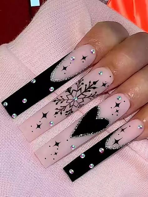 24 pieces of coffin shaped Christmas black heart printed diamond matte fake nails suitable for daily Acrylic Nails Long, Fake Acrylic Nails, Coffin Acrylic Nails, Long Press On Nails, Romantic Nails, Nagel Tips, Baddie Nails, Nails Long, Girls Nails