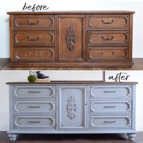 How to Add Legs to Vintage Furniture the Easy Way | Here is a before and after of a thrifted 9 drawer ornate dresser with and without legs. By A Ray of Sunlight Update your old furniture with a simple DIY makeover idea. #thriftstorefinds #bedroomdiy #diyfurniture #Furniture Diy Old Furniture, Diy Old Furniture Makeover, Old Furniture Makeover, Diy Furniture Renovation, Diy Makeover, Furniture Renovation, Diy Furniture Table, Refurbished Furniture, Rainbow Wall