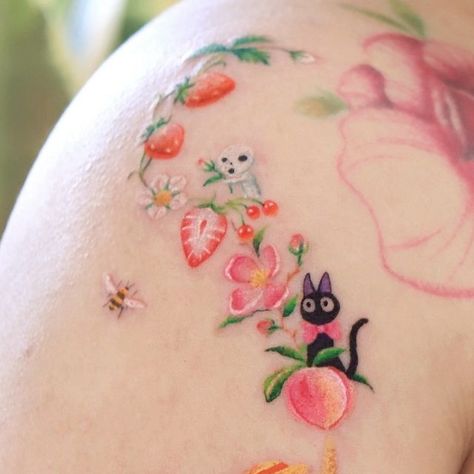 OVENLEE 🍃 ChaeheeLee on Instagram: "Ghibli Friends‘ Orchard🍓🍑🌽🫐 Kodama, Jiji, No face, Boh and U-bird, Soot spirits 🤍  #peachtattoo #strawberrytattoo #ghiblitattoo #ghiblifan #animetattoo #noface #nofacetattoo #sootsprites #kodamatattoo #ghiblimovies #colorfultattoo #fruittattoo" Ghibli Forest Spirit Tattoo, Jiji Tattoo, Studio Ghibli Forest Spirit Tattoo, Studio Ghibli Sister Tattoo, Soot Sprite Tattoo, Jiji Tattoo Studio Ghibli, No Face Tattoo, Soot Sprite Tattoo Studio Ghibli, Studio Ghibli Tattoo Ideas Color