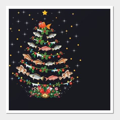 Fishing Christmas Tree, Christmas Fish, Kreativne Ideje, Pleco Fish, Fish Christmas, Whimsical Art Paintings, Christmas Tree Wall, Fishing Christmas, Christmas Poster