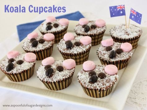 Koala Cupcakes - A Spoonful of Sugar Koala Cakes, Koala Cupcakes, Koala Cake, Koala Party, Beach Ball Cake, Australia Day Celebrations, Milk Chocolate Frosting, A Spoonful Of Sugar, Animal Cupcakes