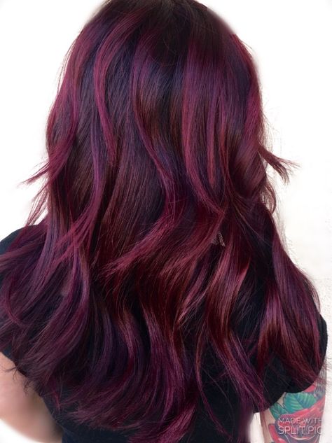 Violet red color melt Purple Red Dark Hair, Red Violet Balayage, Dark Red Hair Color Burgundy Purple Fall, Dark Red Hair With Purple Undertones, Red Violet On Dark Hair, Dimensional Red Violet Hair, Cool Tone Hair Colors, Red Hair With Bangs, Red Violet Hair