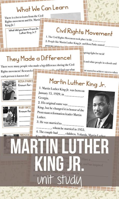 Martin Luther King Jr Unit Study, Free Martin Luther King Jr Printables, Martin Luther King Jr Lesson Plans, Homeschool Methods, Free Unit Study, Catholic Homeschool, Martin Luther King Jr Day, Homeschooling Tips, Homeschooling Resources