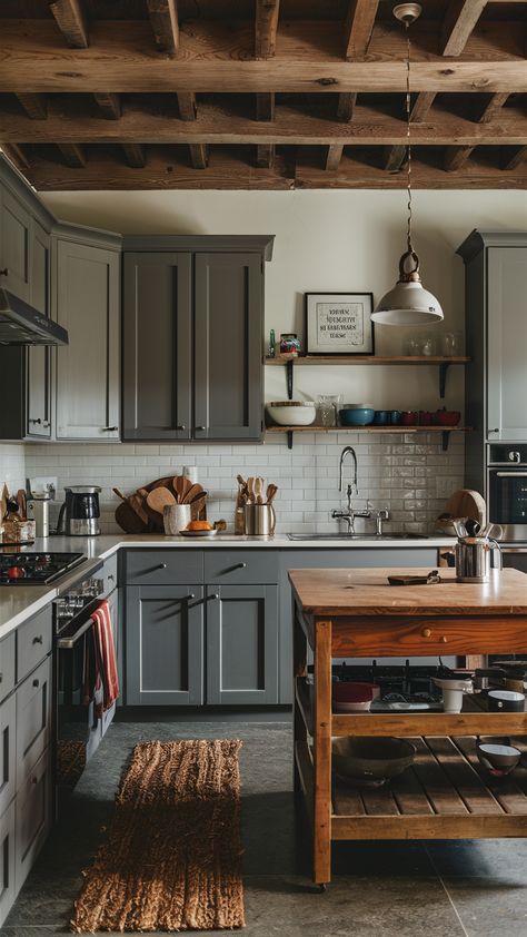 Rustic Gray Kitchen, Kitchen Ideas Rustic, Gray Kitchen Ideas, Kitchen Ideas For Small Spaces, Western Kitchen, Farmhouse Designs, Black Appliances, Gray Cabinets, Gray Kitchen