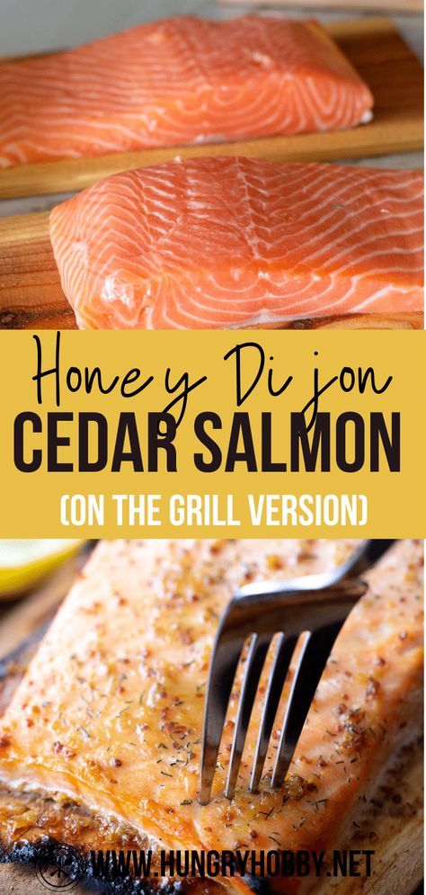 How to make cedar plank salmon on the grill with a delicious and slightly lemony honey dijon glaze grilled on a cedar plank board for unbeatable flavor. Salmon On Cedar Plank On Grill, Cedar Plank Salmon Bbq, Grilling Seafood, Salmon On The Grill, Salmon With Honey, Cedar Plank Grilled Salmon, Plank Salmon, Honey Glazed Salmon, Honey Mustard Salmon