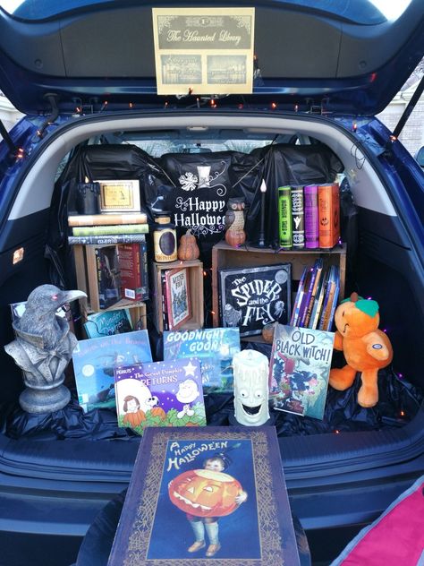 "Haunted Library" for trunk or treat. Reading Trunk Or Treat, Haunted Library Trunk Or Treat, Trunk Or Treat Library Theme, Library Trunk Or Treat Ideas, Book Theme Trunk Or Treat, Trunk Or Treat Book Theme Ideas, Library Trunk Or Treat, Book Themed Trunk Or Treat, Book Trunk Or Treat