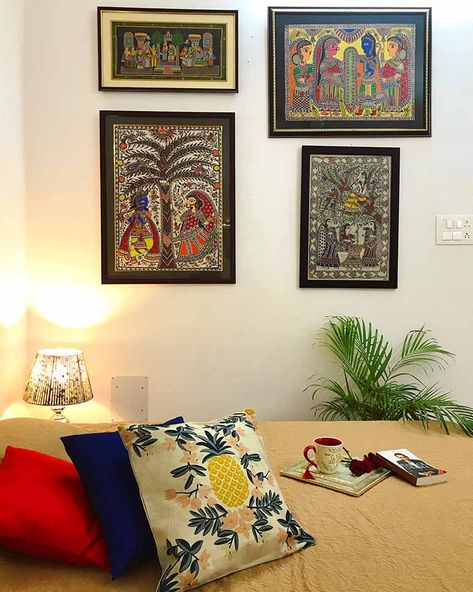 Madhubani Painting Wall Decor, Madhubani Painting Frames, Indian Room Design, Indian Style Home Decor, Indian Style Home, Mini Gallery, India Decor, Indian Room, Madhubani Paintings