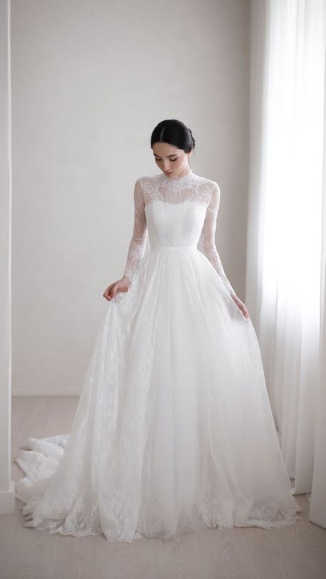 Waist Defined Wedding Dress, Wedding Dresses Simple High Neck, Lace Overlay Dress Wedding, Christian Wedding Dress Long Sleeve, Tznius Wedding Gown, Modest Wedding Dresses High Neck, Wedding Gown Elegant Classy, Modest Christian Wedding Dress, Modest Wedding Gowns Classy