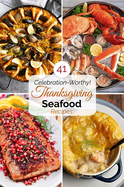 Make this Thanksgiving unique and truly special with celebration-worthy Seafood Recipes! These delicious Thanksgiving seafood ideas are holiday-perfect … whether you're creating an entire seafood-focused feast, or just want to feature seafood in one stand-out course of your Thanksgiving dinner menu! Pretty appetizers, stunning main courses, and even great side dishes - so many to choose from! | Thanksgiving recipes | holiday seafood recipes | holiday fish recipes | www.TwoHealthyKitchens.com Fall Seafood Dishes, Seafood For Party, Delicious Seafood Dinner Recipes, Seafood Dishes For Thanksgiving, Seafood Recipes For Thanksgiving, Holiday Fish Recipes, Thanksgiving Pescatarian Recipes, Seafood For Thanksgiving, Fish For Thanksgiving