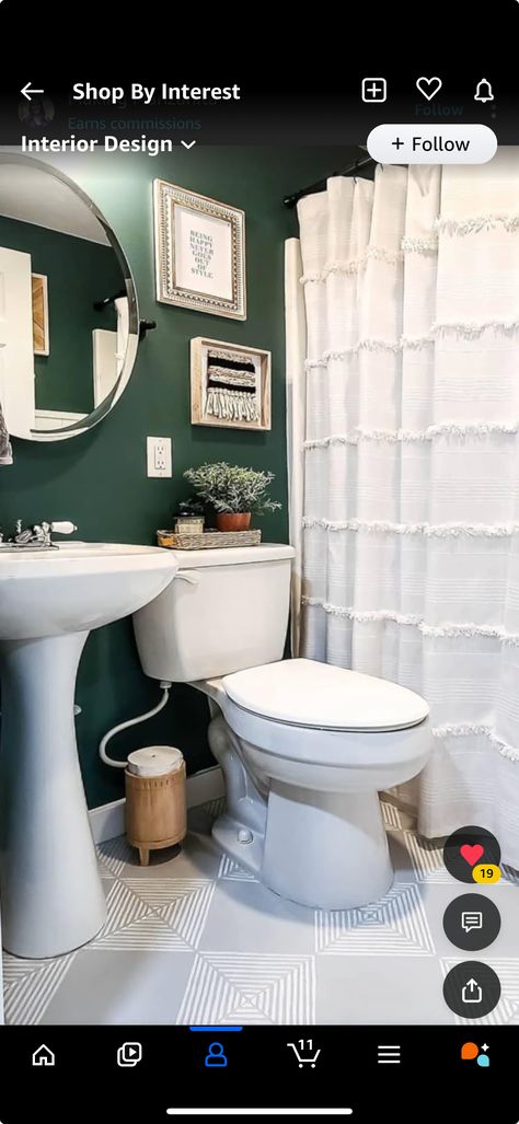 Colorful Bathrooms Boho, Behr Meteorological Paint, Tiny Bathroom Colors, Behr Bathroom Paint Colors 2023, Behr Meteorological, 70s Bathroom Makeover, Small Bathroom Diy Makeover, Green Boho Bathroom, Tile Floor Makeover