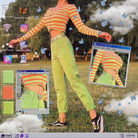 2000's computer screen edit pop-ups,butterflies and clouds. Cute 90’s Homescreen Edit Aesthetic outfit orange and yellow striped cropped sweater and green jeans vans and clear belt. Instagram inspiration #aesthetic #editing #90s Jeans And Vans, Green Jeans, Yellow Stripes, Instagram Inspiration, Cropped Sweater, Owl House, Khaki Pants, Aesthetic Clothes, Sweater Outfits