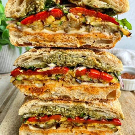 Grilled Vegetable Panini - thechowdown Panini Recipes Vegetarian, Mediterranean Panini, Types Of Pesto, Vegetable Panini, Vegetarian Panini, Veggie Panini, Ciabatta Rolls, Pesto Cheese, Panini Recipes