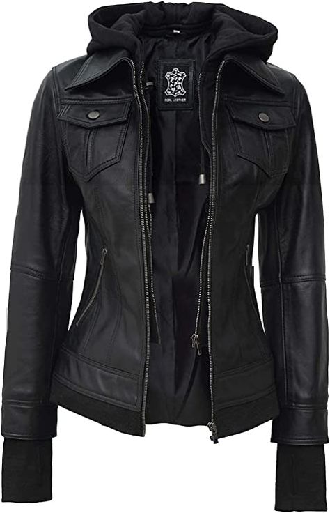 Fjackets Leather Jackets For Women - Removable Hood & Bomber Real Lambskin Leather Jacket Womens at Amazon Women's Coats Shop Hooded Leather Jacket, Womens Black Leather Jacket, Mode Grunge, Leather Jacket With Hood, Lambskin Leather Jacket, Real Leather Jacket, Jacket With Hood, Leather Motorcycle Jacket, Leather Jacket Black