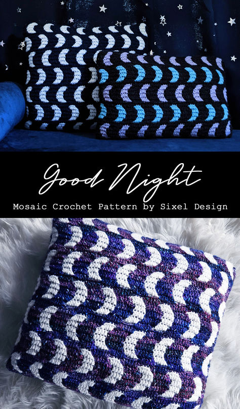 A little crescent moon pattern great for celestial themed decor. Pattern includes steps to create the pillows pictured here. Chart can be used to create anything from blankets, to pillows, sweaters, hats and more!  #mosaiccrochet #crochetpattern #goodnightmoon #crescentmoon #mooncrochet #moon #celestial #sixeldesign Sparkly Yarn Crochet Projects, Crescent Moon Crochet Pattern, Moon And Stars Crochet Blanket, Celestial Crochet Patterns Free, Star Blanket Crochet Pattern Free, Celestial Crochet Blanket, Celestial Crochet Patterns, Space Themed Crochet, Moon Crochet Blanket