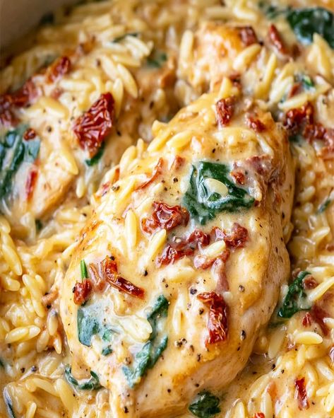 Make this Slow Cooker Creamy Tuscan Chicken Orzo recipe for a comforting, flavorful meal with tender chicken, orzo, and a creamy sauce. Crockpot Marry Me Chicken Orzo, Greek Chicken Orzo Casserole, Creamy Tuscan Chicken Orzo, Crockpot Chicken Orzo Soup, Tuscan Chicken With Orzo, Tuscan Orzo Chicken, Healthy Orzo Recipes Dinners, Crockpot Chicken Orzo, Orzo Crockpot Recipes